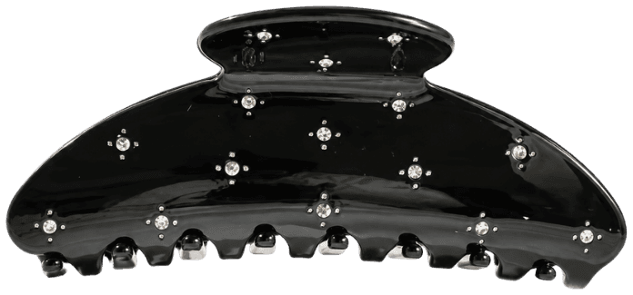 The Starlet claw clip in glossy black, scattered with clear stones, straight on from the front.
