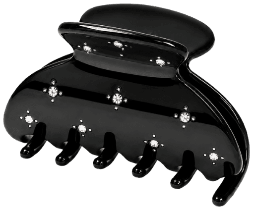 The Starlet Mini claw clip in glossy black, scattered with clear stones.